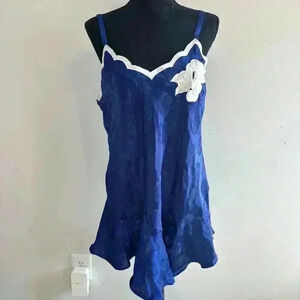 Victoria's Secret Gold Label Blue Floral Satin with White Slip Dress Size L